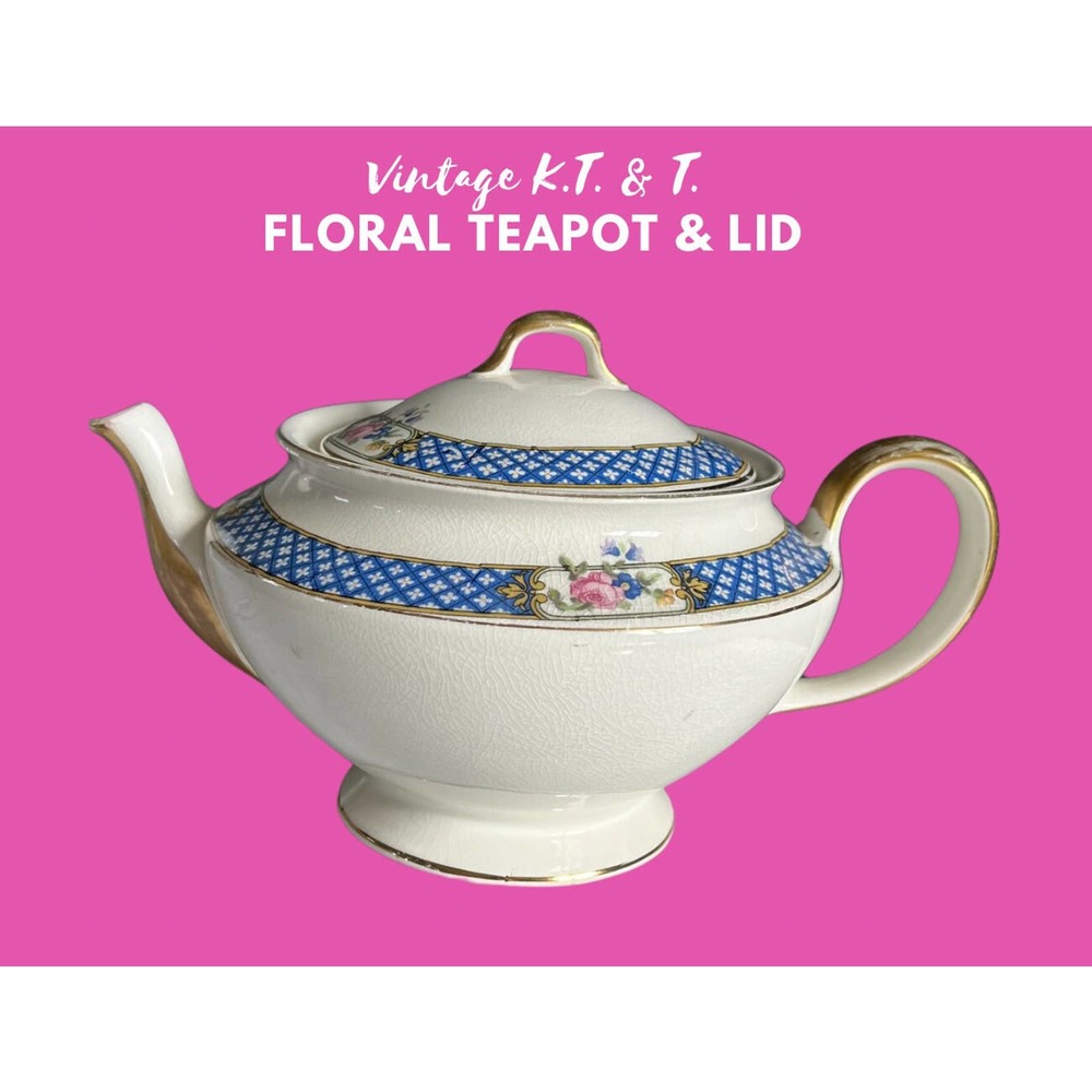 1920's K. T. & K. China Teapot with Lid White Porcelain Blue and Pink Floral
